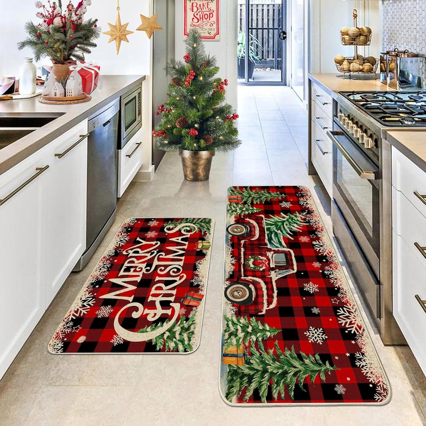 Christmas Kitchen Mats for Floor, Christmas Kitchen Rugs Set of 2 - Farmhouse Tr