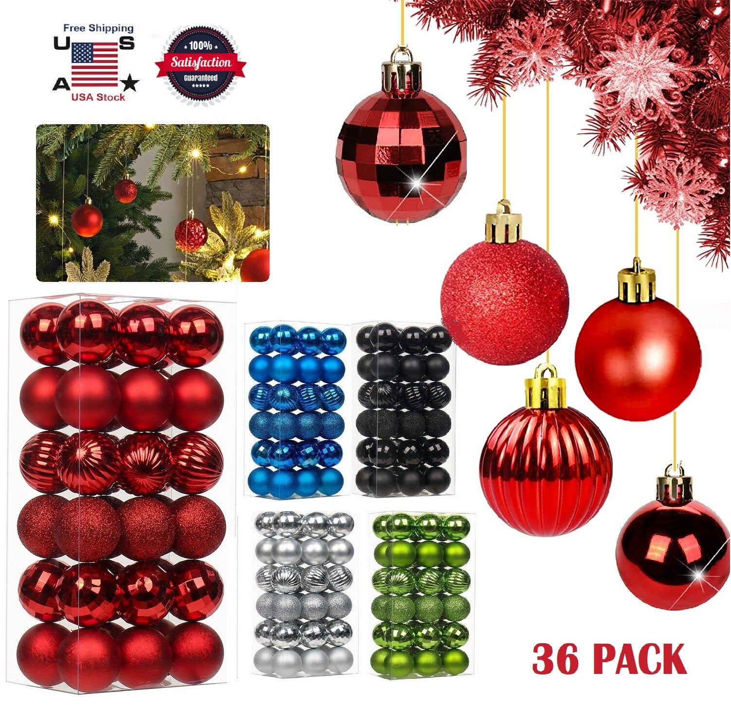36-Piece Shatterproof Christmas Ornament Set for Tree Decoration - USA