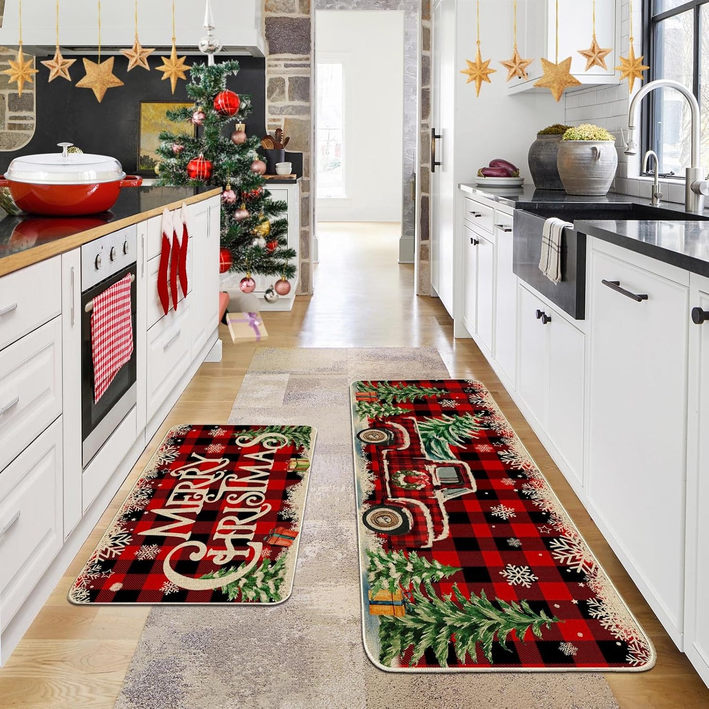 Christmas Kitchen Mats for Floor, Christmas Kitchen Rugs Set of 2 - Farmhouse Tr
