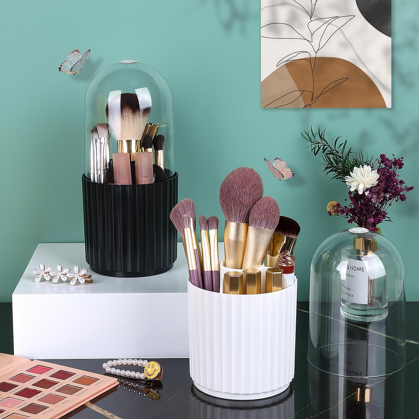 360-Degree Rotatable Makeup Brush Holder Organizer with Lid