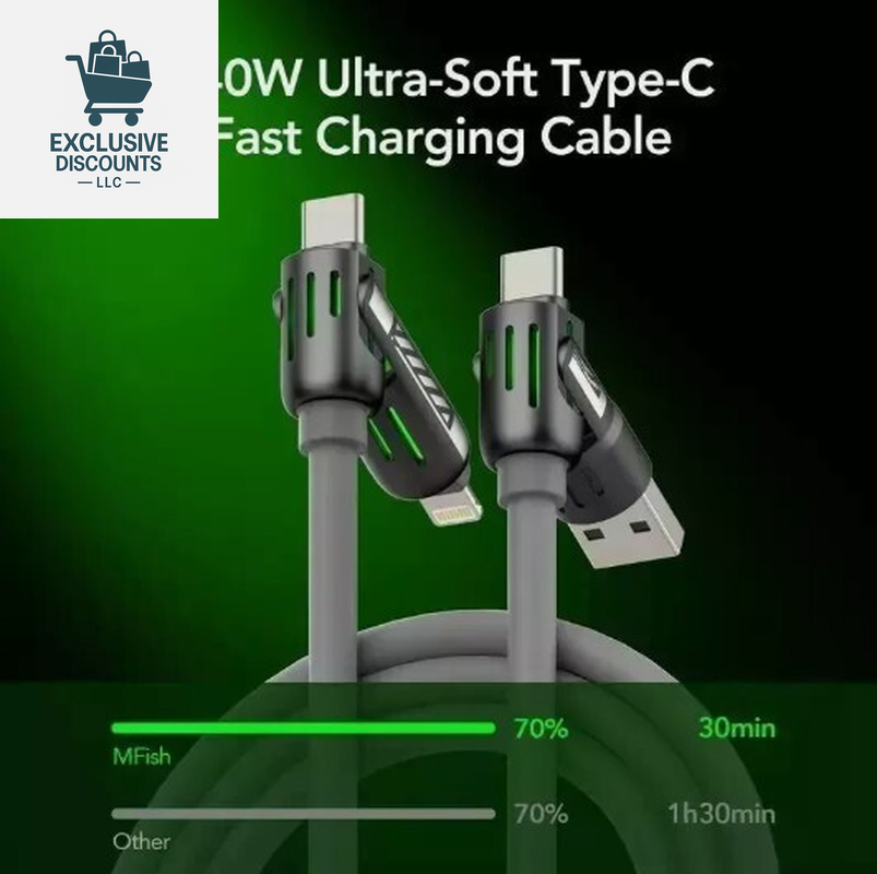 4-in-1 Multi-USB Charging Cable - Maximum 240W Fast Charging with USB A and Type-C, 5 Feet Length